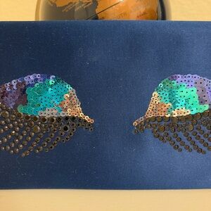 BCBGMAXAZRIA "Harlow" Sequin Embellished Navy Satin Eye Statement Clutch